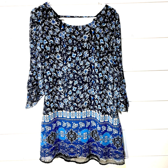 Speechless Mini Dress Womens Small Black Blue Floral Roll Tab Long Sleeve Lined - Picture 1 of 8